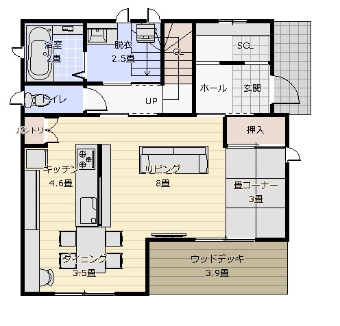 31坪横並びキッチン最小プラン1階平面図