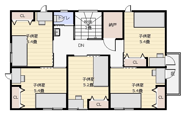 39坪6LDK子供室5室大家族2階平面図